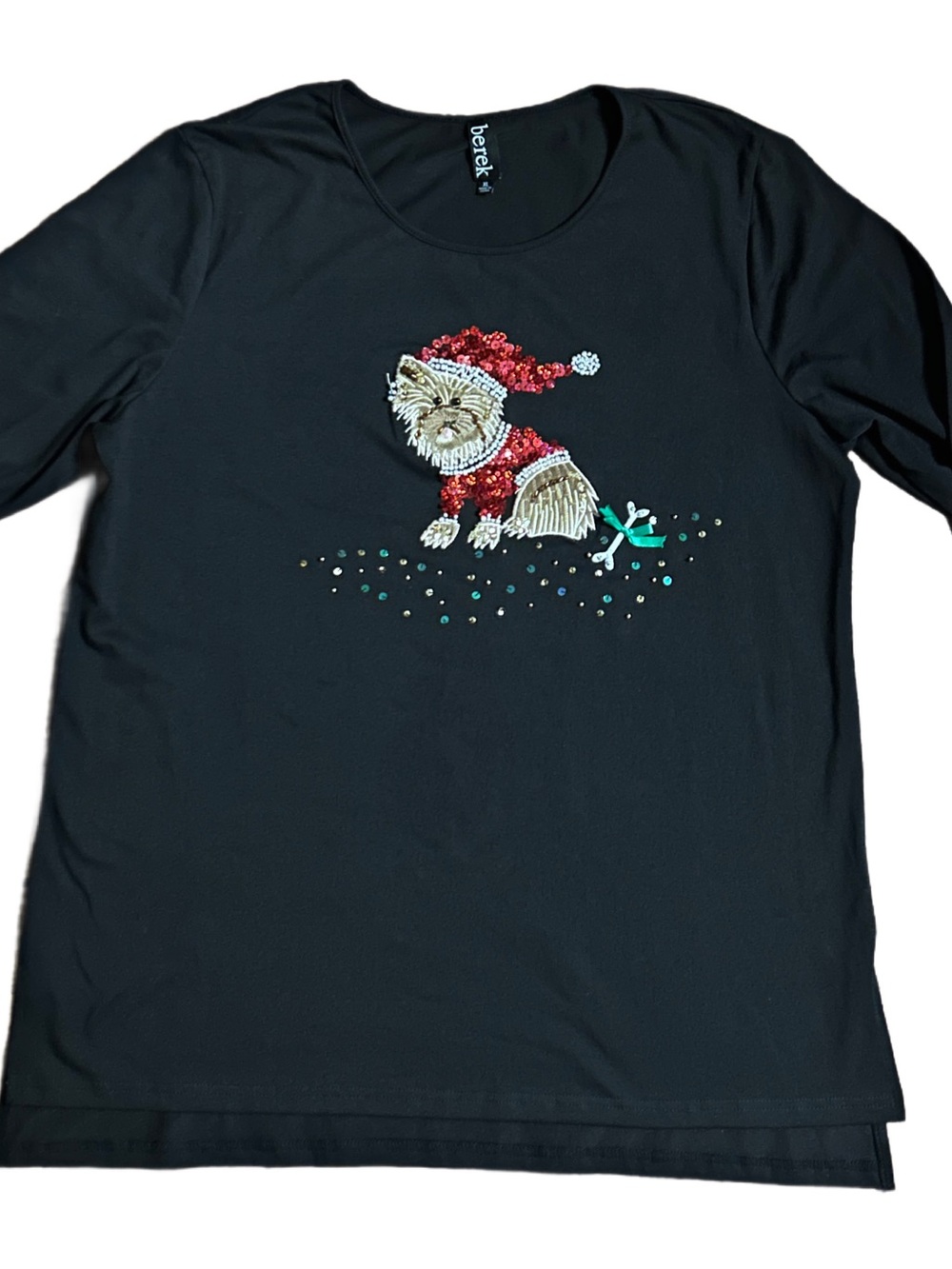 Berek ~ X-Large ~ Black W/ Brown X-Mas Yorkie Dog ~ Embroidery/ Sequins ~ Shirt